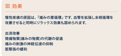 効果 慢性疼痛の原因は、「痛みの悪循環」です。血管を拡張し末梢循環を改善させると同時にリラックス効果も認められます。血流改善 発痛物質 痛みの物質)の代謝の促進 痛みの刺激の神経伝達の抑制 筋緊張の緩和